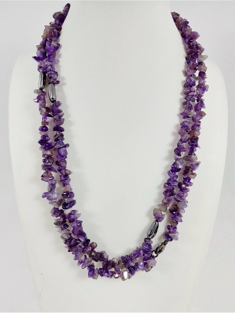 38" 925 Silver Amethyst Chips & Hematine Beaded Necklace